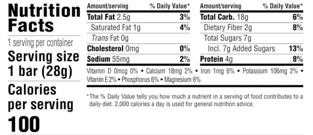 Nutrition Facts; Ingredients: Organic rolled oats, organic Brown Rice Syrup, organic roasted Soybeans, Soy rice crisps, Organic Tapioca syrup, organic Cane syrup, Macadamia nuts, Chicory fiber, organic Soy flour, Sunflower and/or Soybean oil, organic Cane Sugar, Cane sugar, natural flavors, Salt, Cocoa butter, Soy flour, mixed Tocopherols, Soy Lecithin. Allergen statement: Macadamia Nuts and Soy. It may contain Peanuts, other Tree Nuts, milk, Sesame, and Wheat.