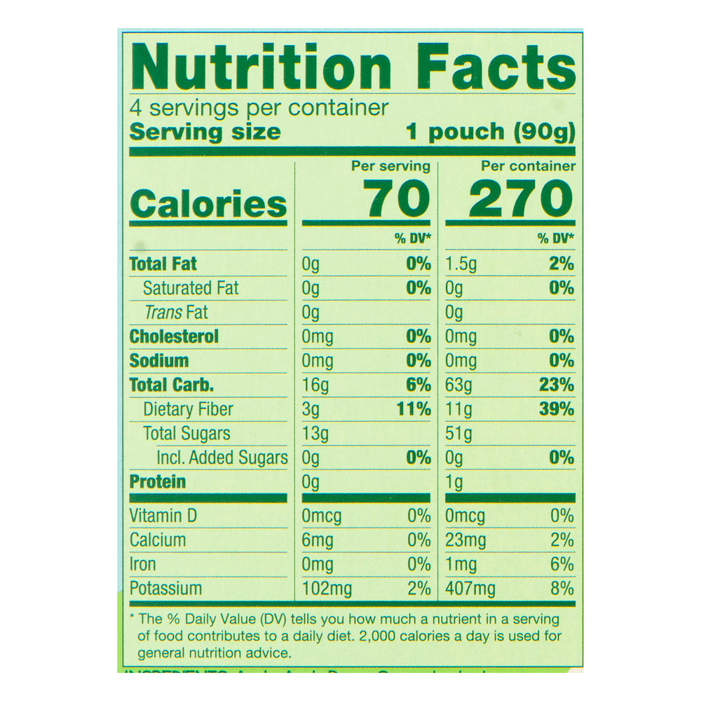 Nutrition Facts; Ingredients: Apple, Apple puree concentrate, and Lemon juice concentrate