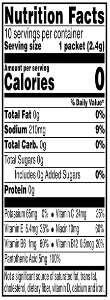 Nutrition Facts; Ingredients: Citric Acid, Maltodextrin, Salt, Sodium Citrate, Monopotassium Phosphate, Ascorbic Acid, Sucralose, Silicon Dioxide, Niacinamide, Acesulfame Potassium, Calcium Disodium EDTA, Calcium Pantothenate, Vitamin E Acetate, Pyridoxine Hydrochloride, Natural Flavor, Cyanocobalamin, Potassium Citrate, Calcium Disodium EDTA