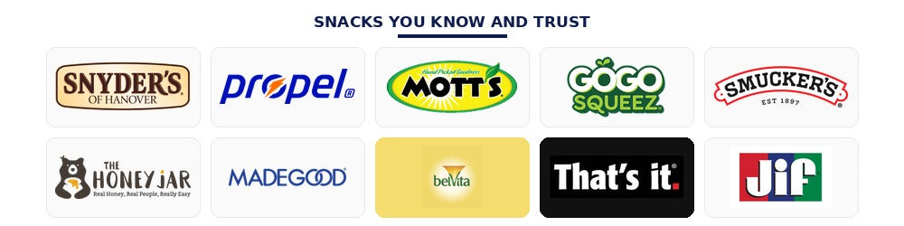 Snacks you know and trust including Snyder's, Propel, Mott's, GoGo Squeez, Smucker's, Honey Jar, MadeGood, belVita, That's It and Jif